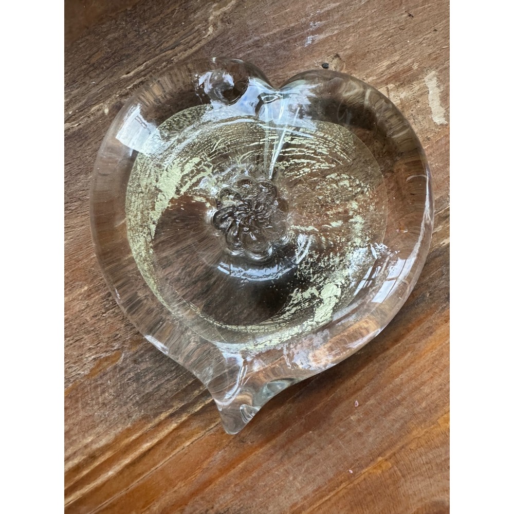 Vintage Hand Blown Art Glass Heart Paperweight Clear Gold Leaf or Foil Flower